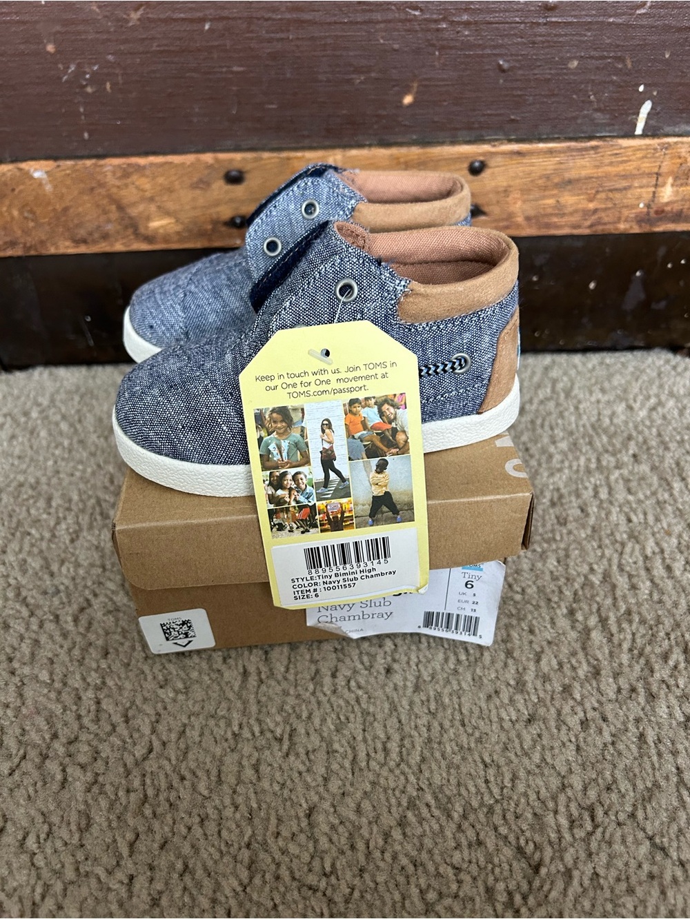 Toms Kids Chambray Slip-On Sneakers in Navy with Tan Trim